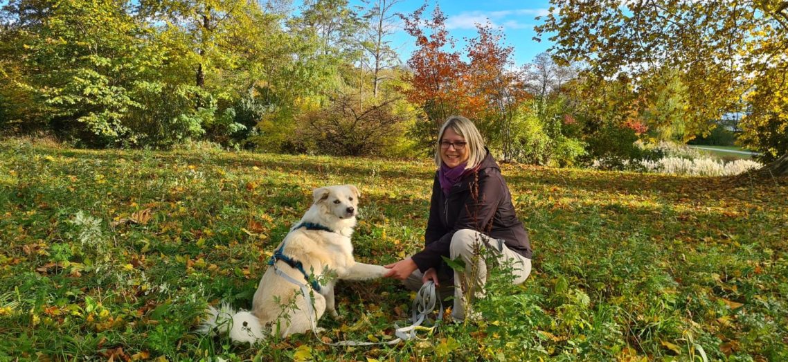 Ich mit unserem Hund Juri auf einer Bank im Schlosspark Grafenegg